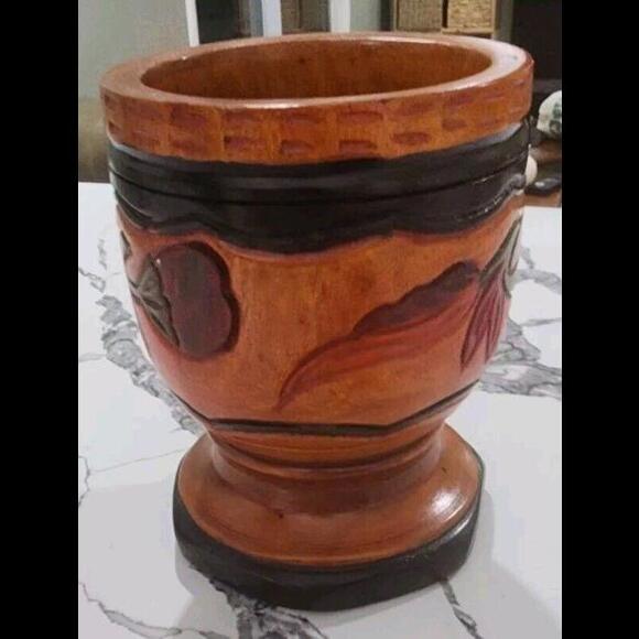 Vintage Wood Hand Turned Carved Floral Three Tone Mortar and Pestle LARGE - Picture 5 of 9
